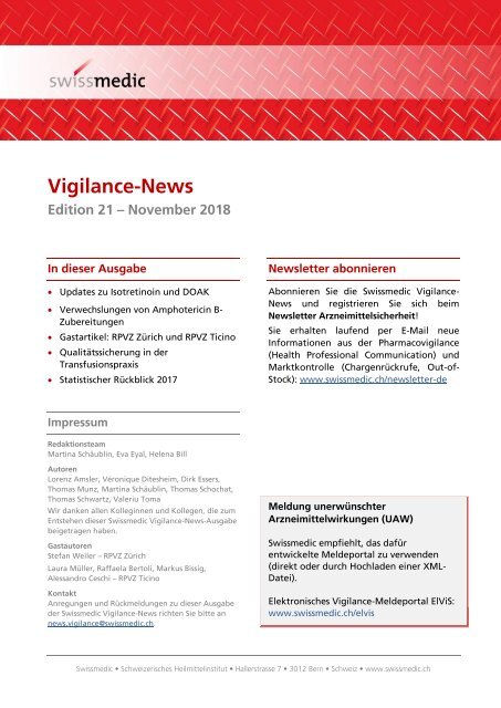 Swissmedic Vigilance-News Edition 21 – November 2018