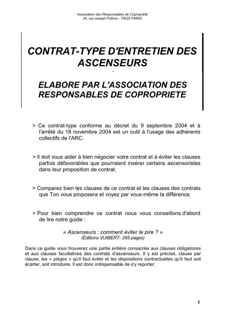 CONTRAT-TYPE D'ENTRETIEN DES ASCENSEURS - ARC et de l