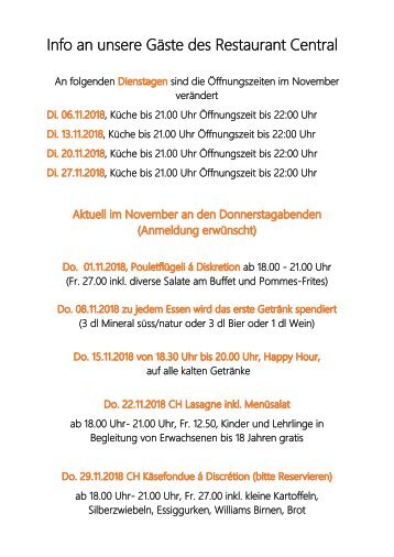 Info an unsere Gäste des Restaurant Central Donnerstag nov