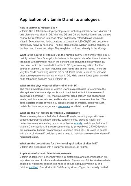 Application of vitamin D and its analogues