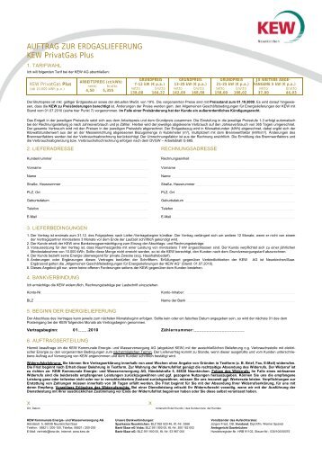 AUFTRAG ZUR ERDGASLIEFERUNG KEW PrivatGas Plus