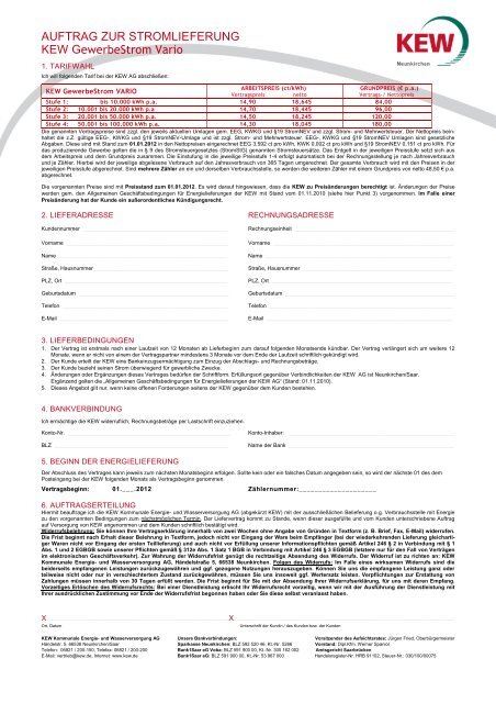 AUFTRAG ZUR STROMLIEFERUNG KEW GewerbeStrom Vario