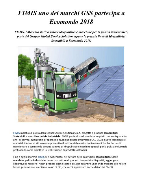 FIMIS uno dei marchi GSS partecipa a Ecomondo 2018