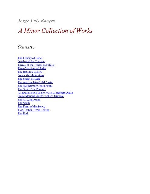 Jorge Luis Borges A Minor Collection of Works Contents - Daimi