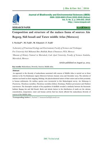 Composition and structure of the malaco fauna of sources Ain Regarg, Sidi bouali and Tataw middle Atlas (Morocco)