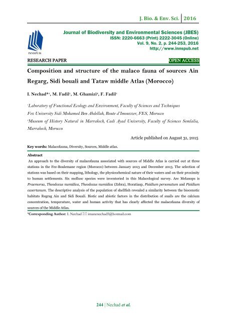 Composition and structure of the malaco fauna of sources Ain Regarg, Sidi bouali and Tataw middle Atlas (Morocco)
