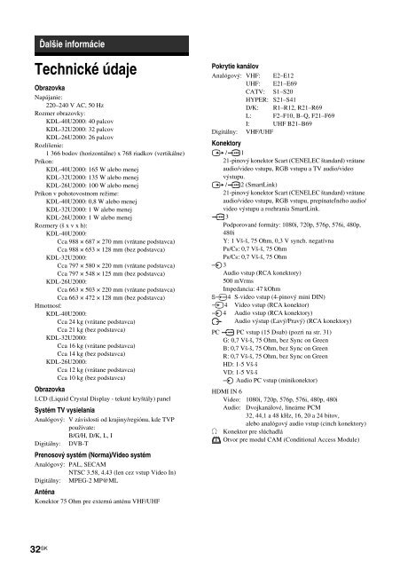 Sony KDL-26U2000 - KDL-26U2000 Mode d'emploi Slovaque