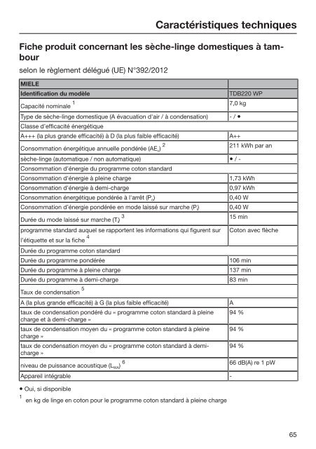 Miele TCJ680 WP Eco&amp;Steam WiFi&amp;XL - Mode d'emploi