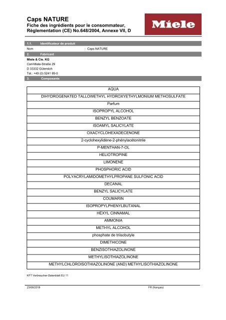 Miele WA CSOC 0901 L - Fiche de donn&eacute;es web