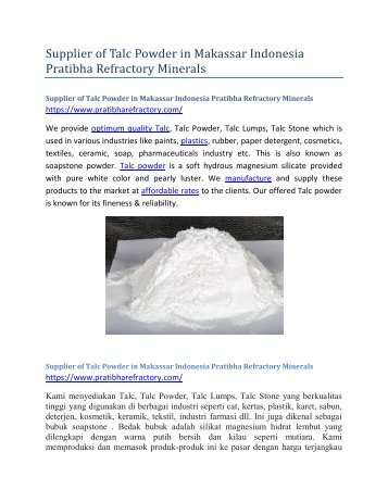 Supplier of Talc Powder in Makassar Indonesia Pratibha Refractory Minerals