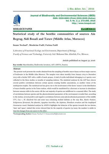 Statistical study of the benthic communities of sources Ain Regrag, Sidi Bouali and Tataw (Middle Atlas, Morocco)