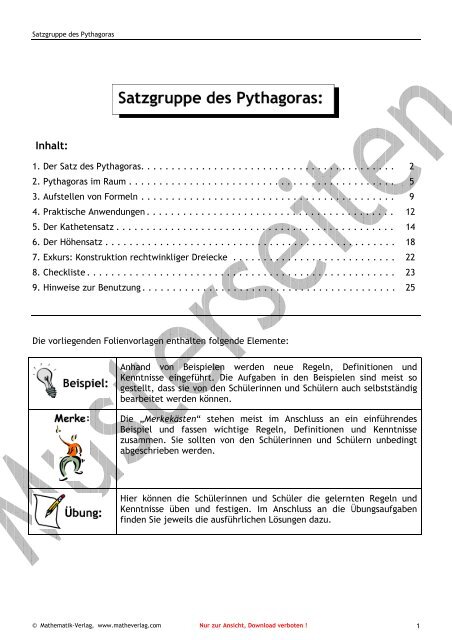 Satzgruppe des Pythagoras, Klasse 9 - Matheverlag