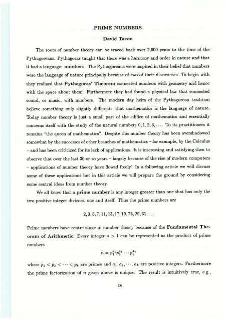 PRIME NUMBERS David Tacon The roots of number ... - Parabola