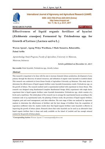 Effectiveness of liquid organic fertilizer of hyacint (Eichhornia crassipes) Fermented by Trichoderma spp. for Growth of Lettuce (Lactuca sativa L.)