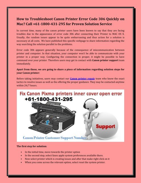 How to Troubleshoot Canon Printer Error Code 306 Quickly on Mac? Call +61-1800-431-295 for Proven Solution Service