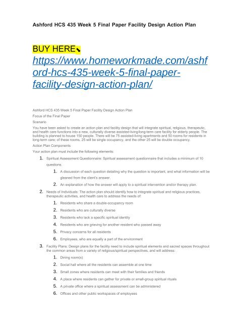 Ashford HCS 435 Week 5 Final Paper Facility Design Action Plan