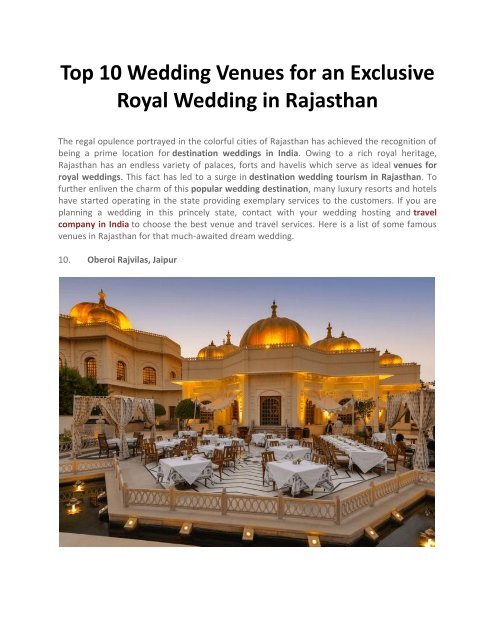 Top 10 Exclusive Royal Wedding Venues in Rajasthan