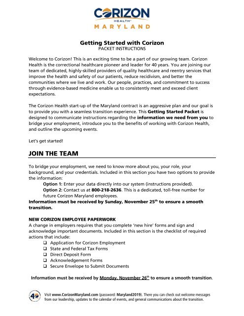 Getting Started with Corizon Packet Instructions - print