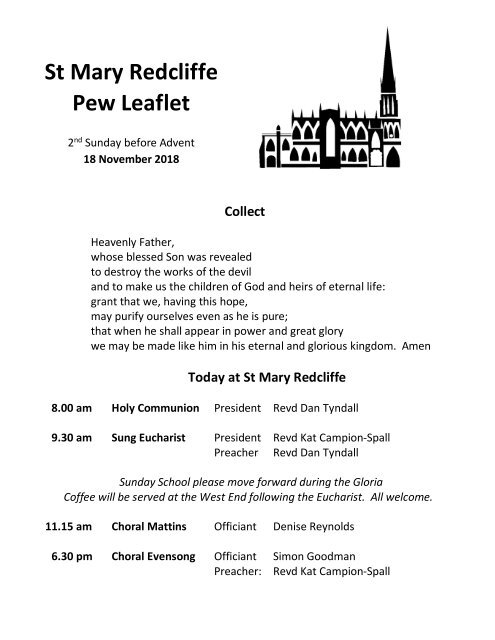 St Mary Redcliffe Church Pew Leaflet - November 18 2018