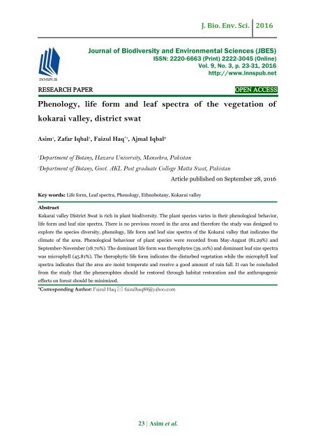 Phenology, life form and leaf spectra of the vegetation of kokarai valley, district swat