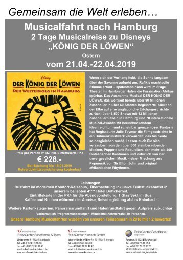 König der Löwen Musicalfahrt Hamburg 21. bis 22.04.2019