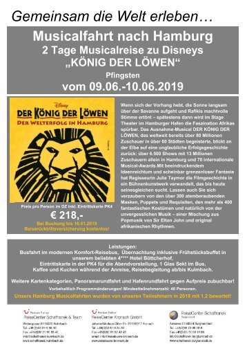 König der Löwen Musicalfahrt Hamburg 09. bis 10.06.2019