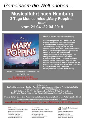 Marry Poppins Musicalfahrt Hamburg 21. bis 22.04.2019