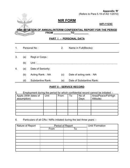 NIR FORM - Indian Army