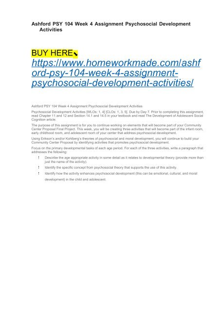 Ashford PSY 104 Week 4 Assignment Psychosocial Development Activities