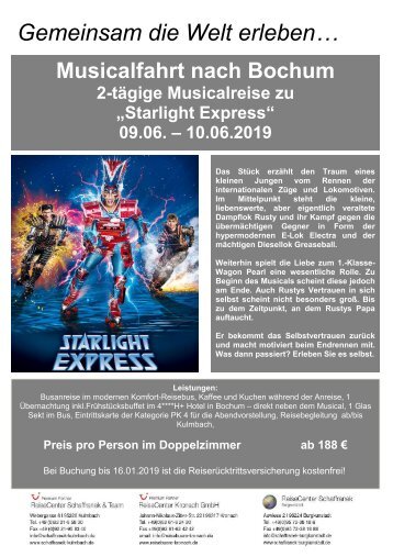 Starlight Express Musicalbusreise 09. bis 10.06.2019
