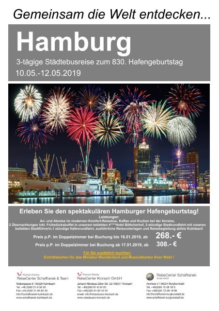 Hamburg Städtebusreise zum 830. Hafengeburtstag 10 bis 12.05.2019