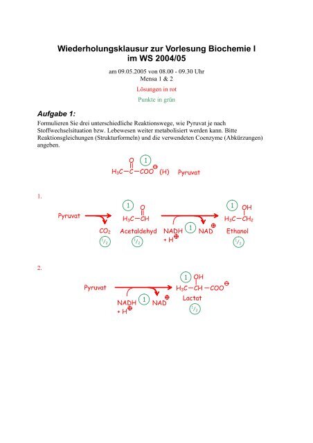 Wiederholungsklausur zur Vorlesung Biochemie I im WS 2004/05