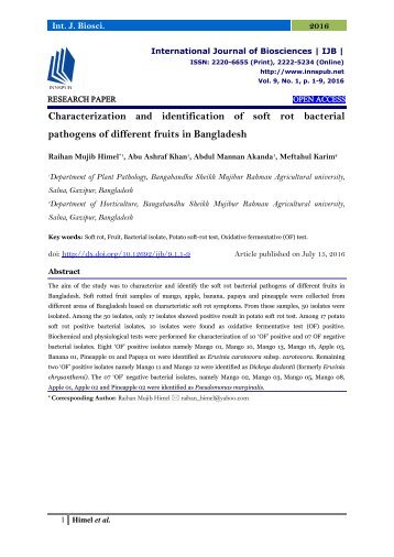 Characterization and identification of soft rot bacterial pathogens of different fruits in Bangladesh