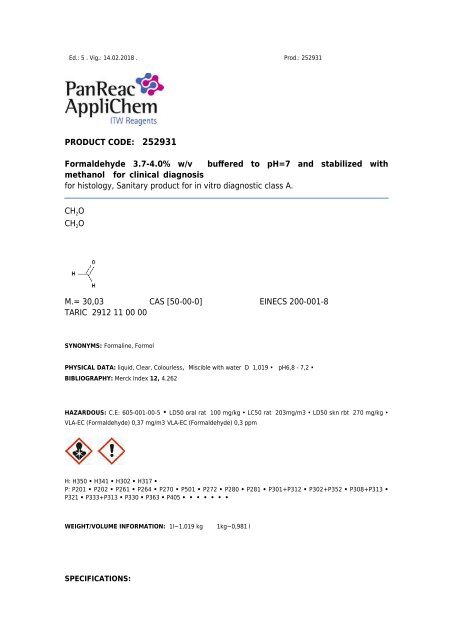 Technisches Datenblatt Formaldehyd 3,7-4,0% G/V gepuffert pH 7 und stabilisiert mit Methanol für die klinische Diagnostik