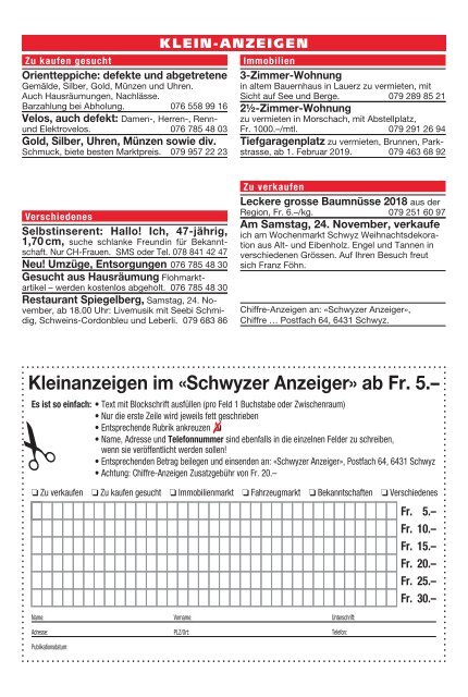 Schwyzer Anzeiger – Woche 47 – 23. November 2018