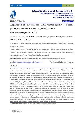 Application of chitosan and Trichoderma against soil-borne pathogens and their effect on yield of tomato (Solanum lycopersicum L.)