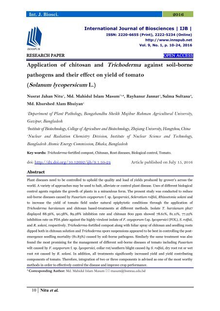 Application of chitosan and Trichoderma against soil-borne pathogens and their effect on yield of tomato (Solanum lycopersicum L.)