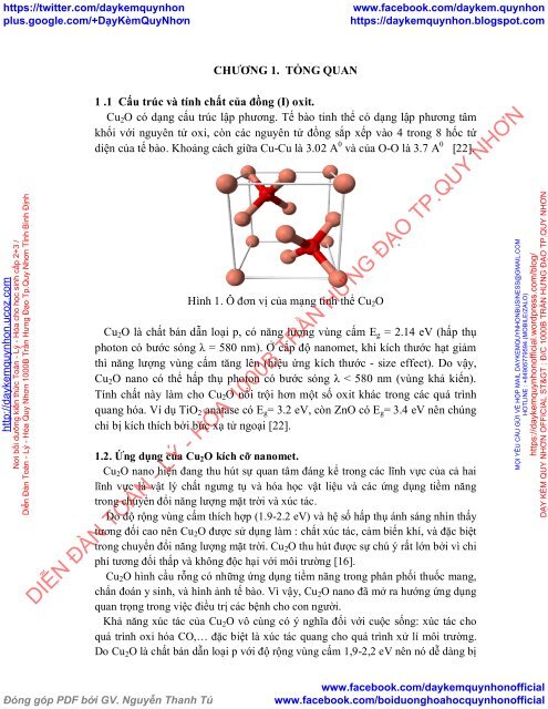 TỔNG HỢP VÀ NGHIÊN CỨU ỨNG DỤNG CỦA Cu2O NANO