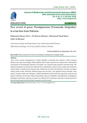 New record of genus Pseudapatemon (Trematoda: Strigeidae) in avian host from Pakistan