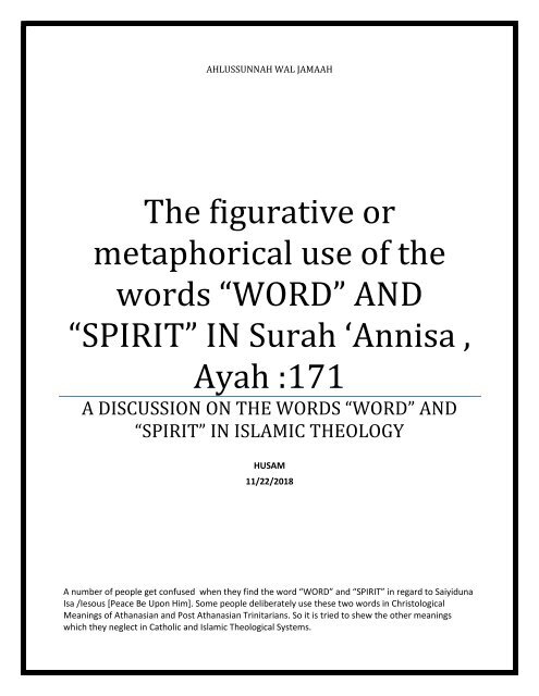 The figurative or metaphorical  use of word "word" and "spirit" in Surah 'Annisa