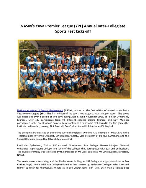 NASM’s Yuva Premier League (YPL) Annual Inter-Collegiate Sports Fest Kicks Off-converted