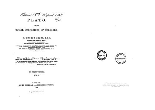 PLATO AND THE OTHER COMPANIONS OF SOKRATES - VOL.I - GEORGE GROTE -1888