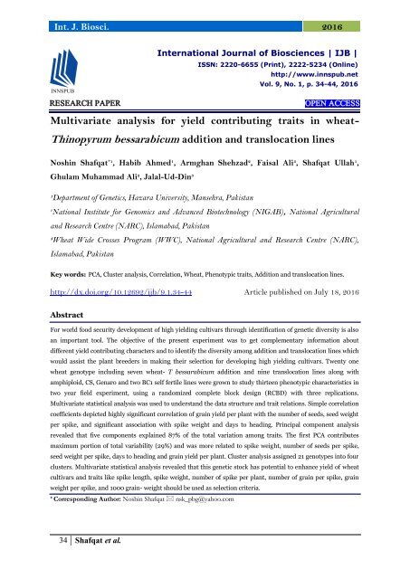 Multivariate analysis for yield contributing traits in wheat- Thinopyrum bessarabicum addition and translocation lines