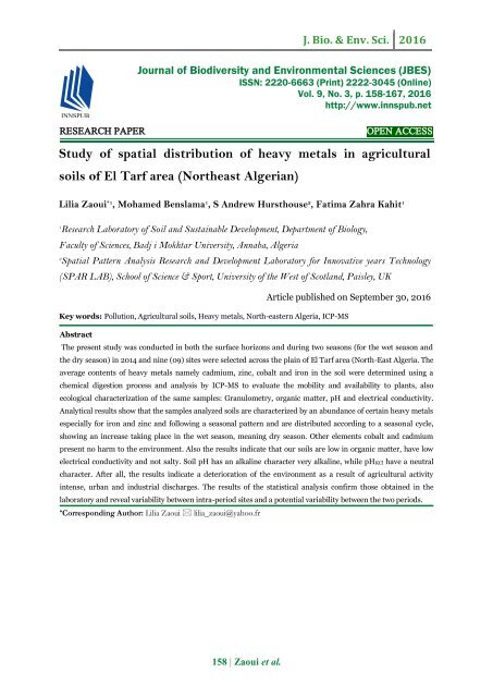 Study of spatial distribution of heavy metals in agricultural soils of El Tarf area (Northeast Algerian)