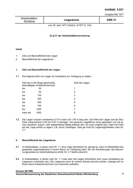 Arbeitsstätten-Richtlinie - Liegeräume - ASR 31 - Ims Koch