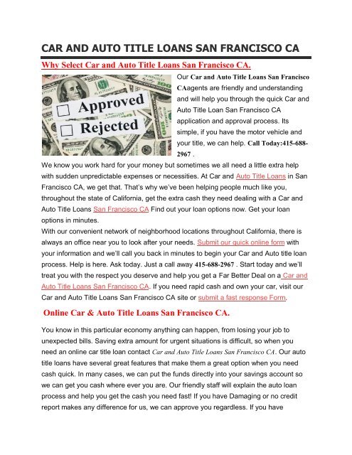 Get Auto Title Loans San Francisco CA | 415-688-2967