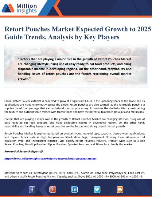 Retort Pouches Market Expected Growth to 2025 to Guide Trends, Analysis by Key Players