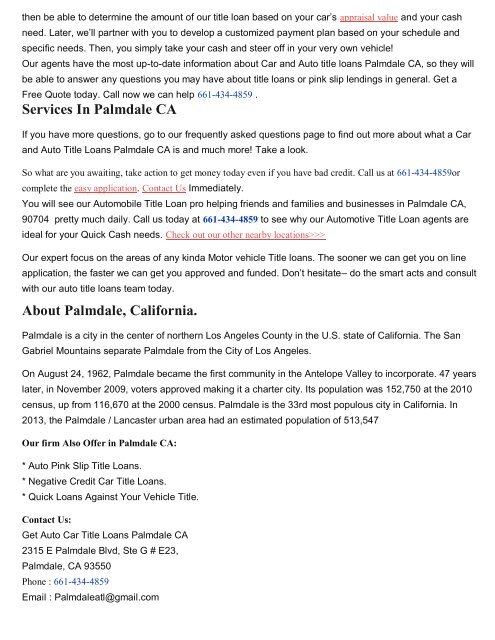 Get Auto Car Title Loans Palmdale CA| 661-434-4859
