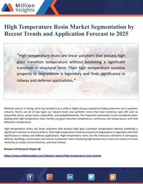 High Temperature Resin Market Segmentation by Recent Trends and Application Forecast to 2025