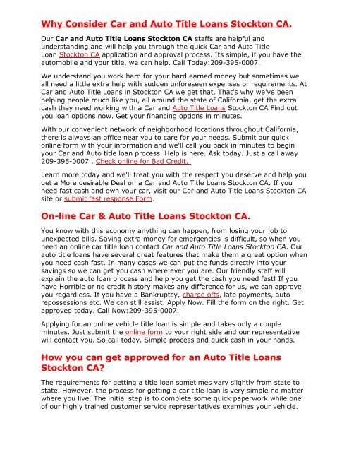Get Auto Title Loans Stockton CA | 209-395-0007